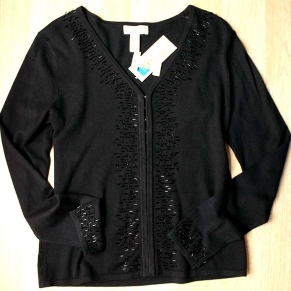 Covington Sweaters - Jet Black Beaded Cardigan Sweater NWT So Sexy!